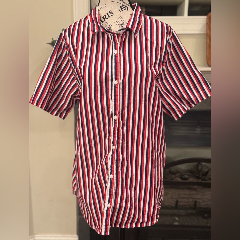 Vintage Country Store Red White Blue Striped Western Shirt Farm Rodeo Camp Sz XL